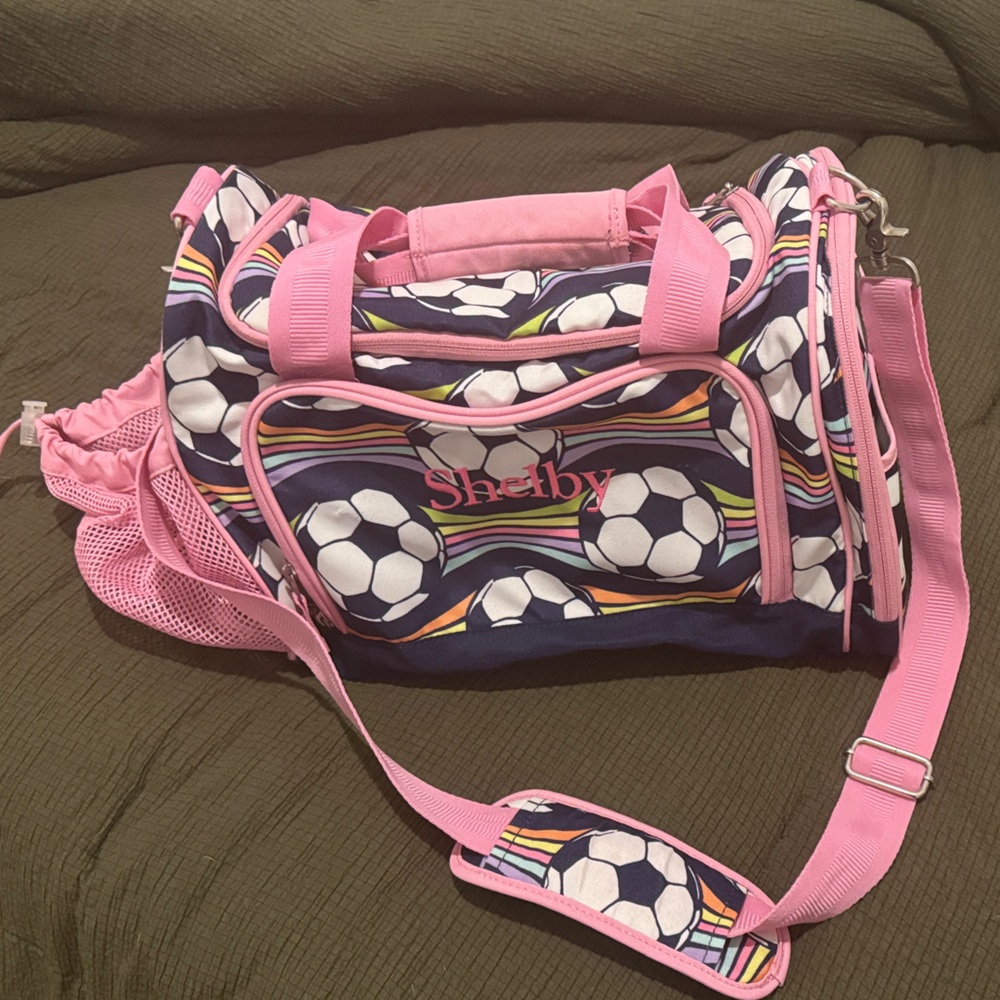 Pottery Barn Kids Pink and Navy Soccer Duffel Bag w/ ball holder